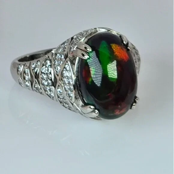 925 Sterling Silver Ring SZ 6.5 with Natural Black Opal & Cz